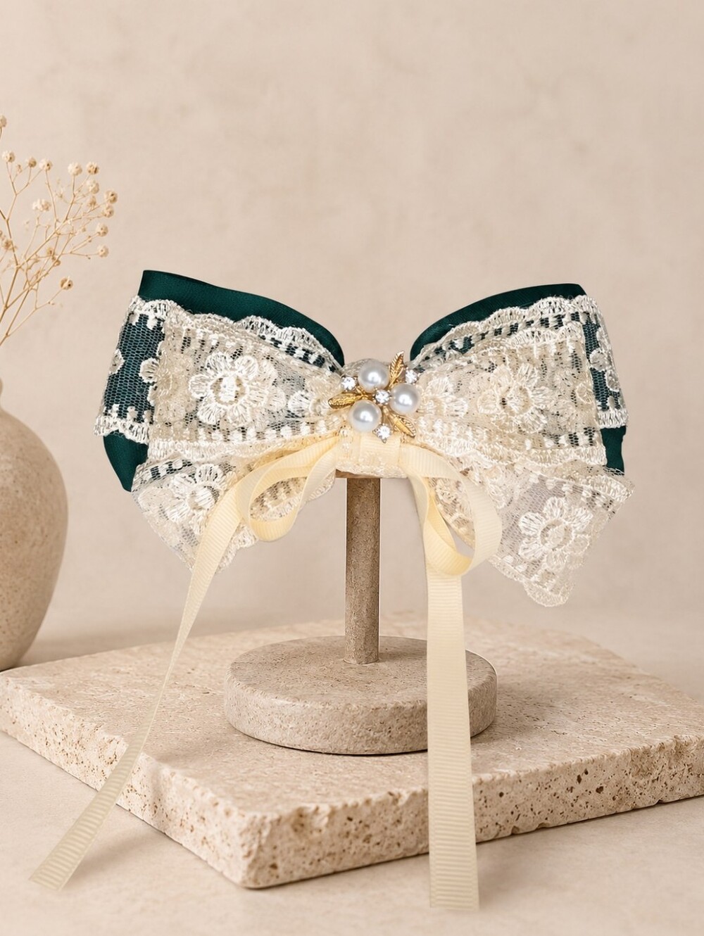 โญElegant Coquette Cream Lace Hair Bow with Pearls